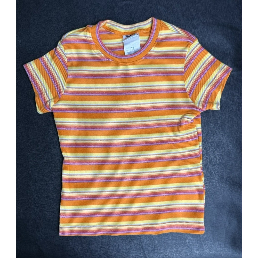 Vintage 90s Baby Tee Y2K Glitter Ribbed Striped Shirt Orange XS Tiny Top Retro